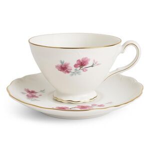 Vintage Japanese Cherry Blossom Gold Rimmed Teacup & Saucer, 1950s, Hand Painted